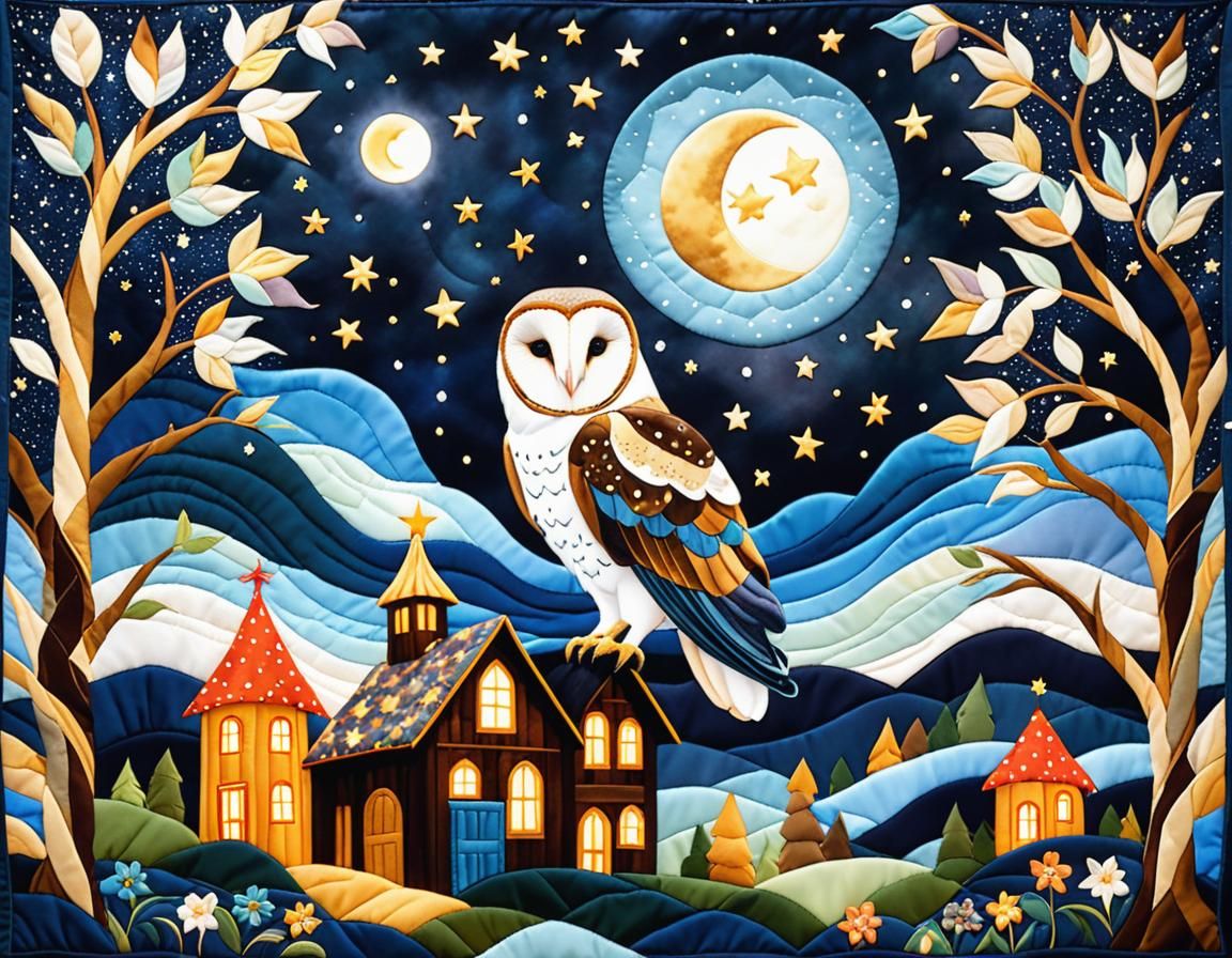 Barn Owl Quilt Under Starry Night