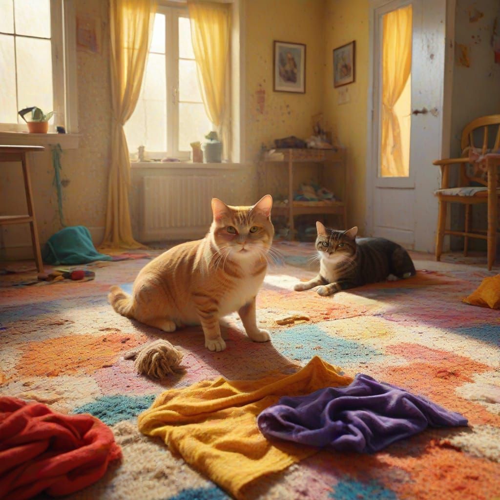 Fauvist Cat and Dog Enemies in Dusty Room