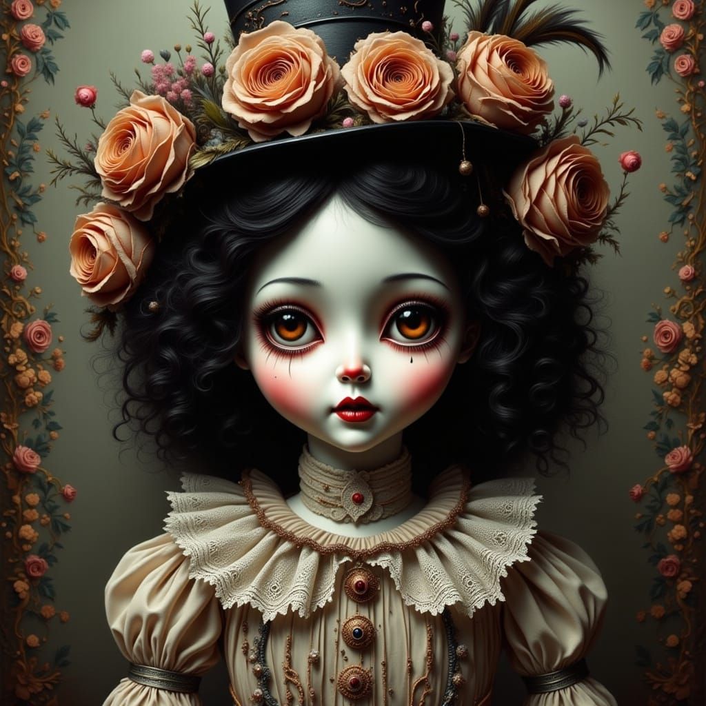 Haunting Victorian Doll Clown Portrait with Eerie Gothic Moo...