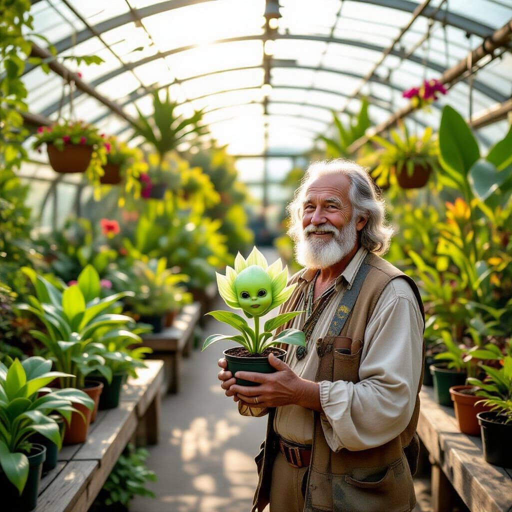 Greenhouse of Alien Plants and Smiling Gardener