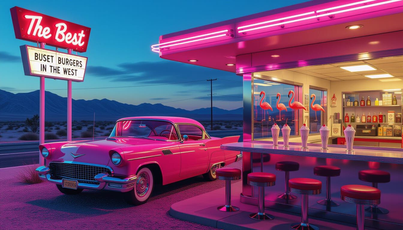 Neon Desert Diner with Pink Cadillac and Cowboy Sign
