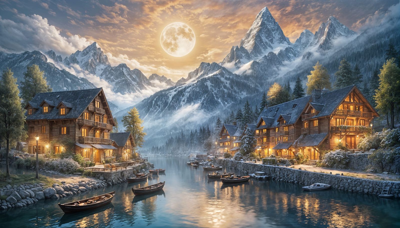 Alpine Village at Twilight with Painterly Realism