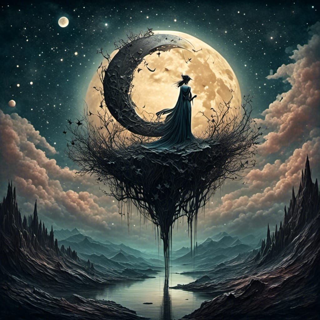 Nyx and Moon Over Surreal Fantasy Landscape