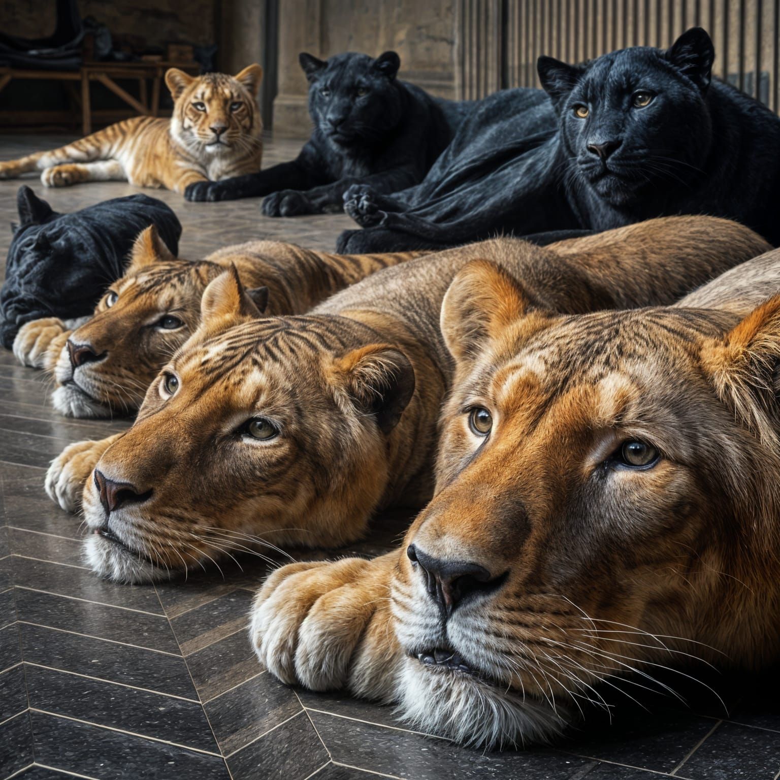Lionesses, Panthers, and Tigers on Checkered Floor