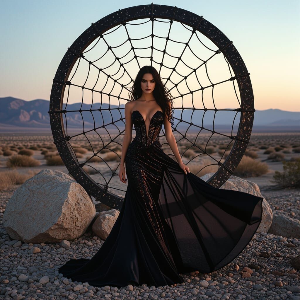 Model in Metal Dress with Gothic Desert Backdrop