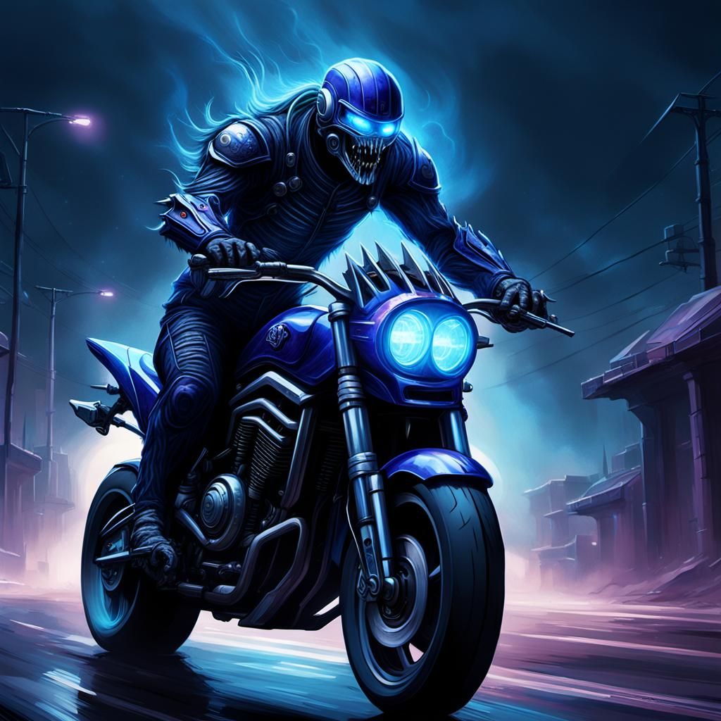 Menacing Moto Monster Speeding Through Dark Highway