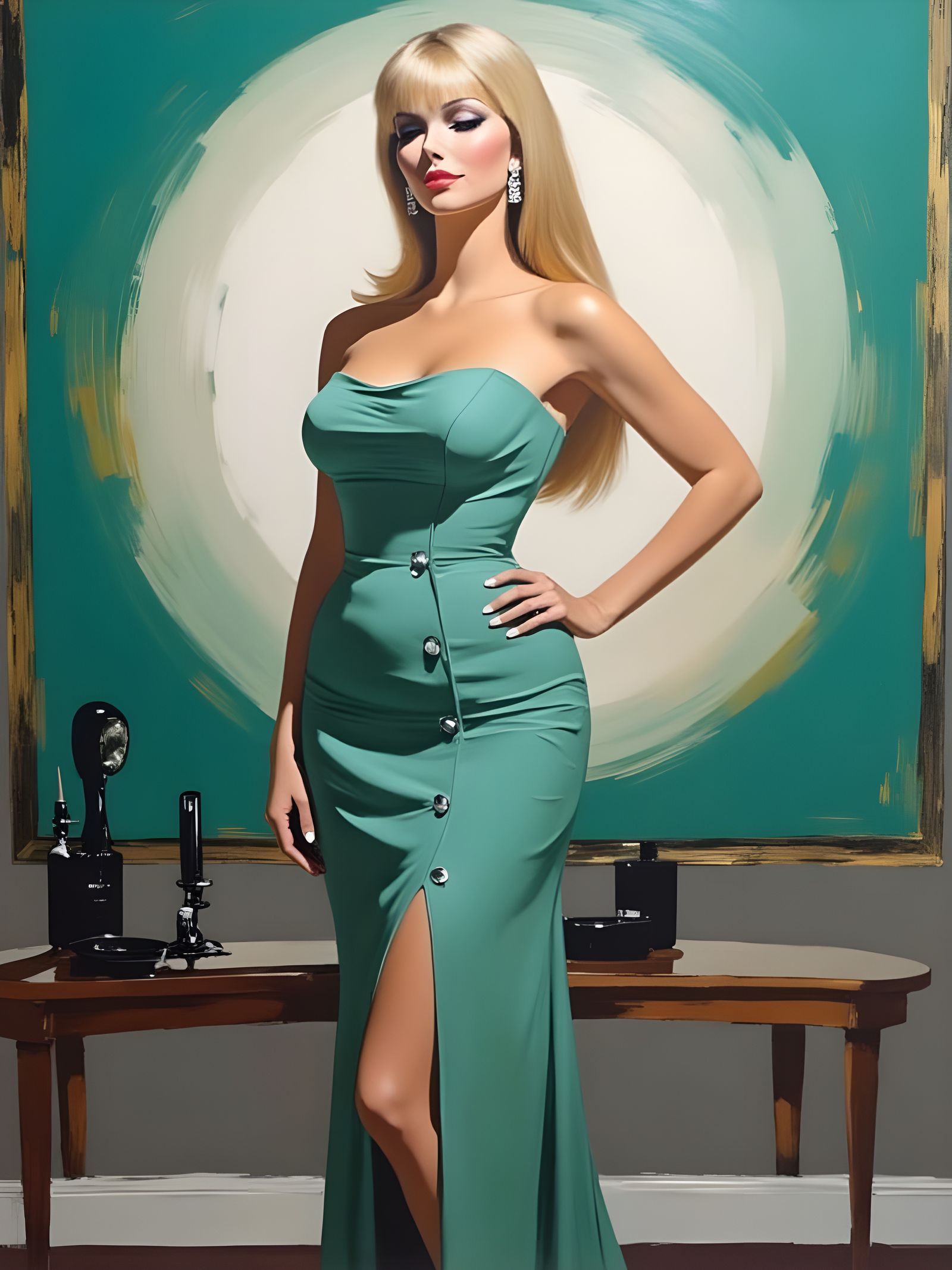 Abstract 1960s Model in Mint Green Dress