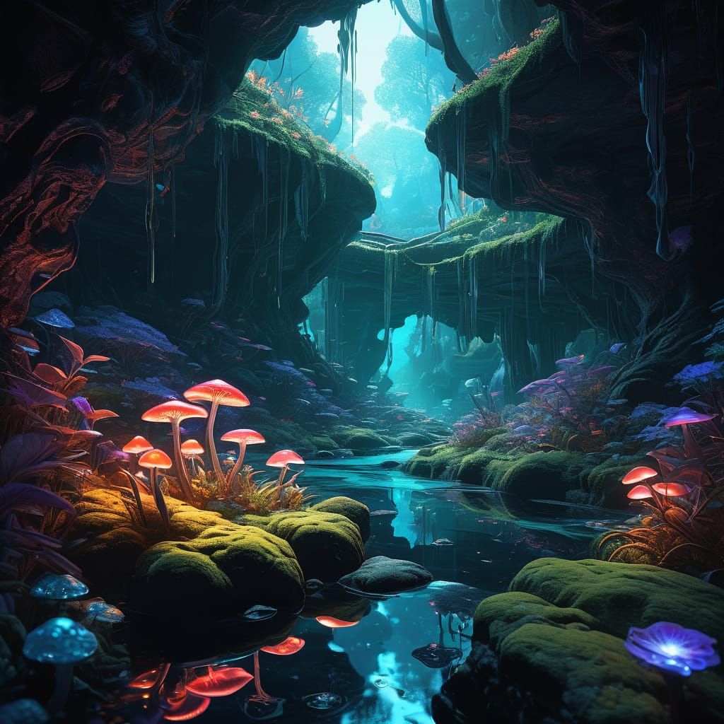 Mystical Grotto Radiant with Bioluminescent Wonder