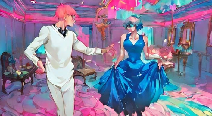 Ghostly Figure Dances with Woman in Neon Mirrored Room