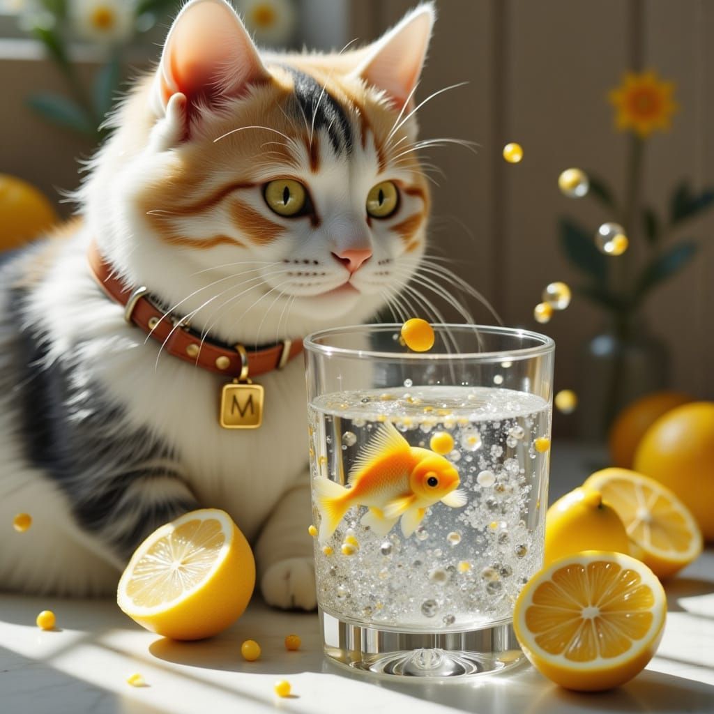 Curious Cat Gazing at Fish in Glass