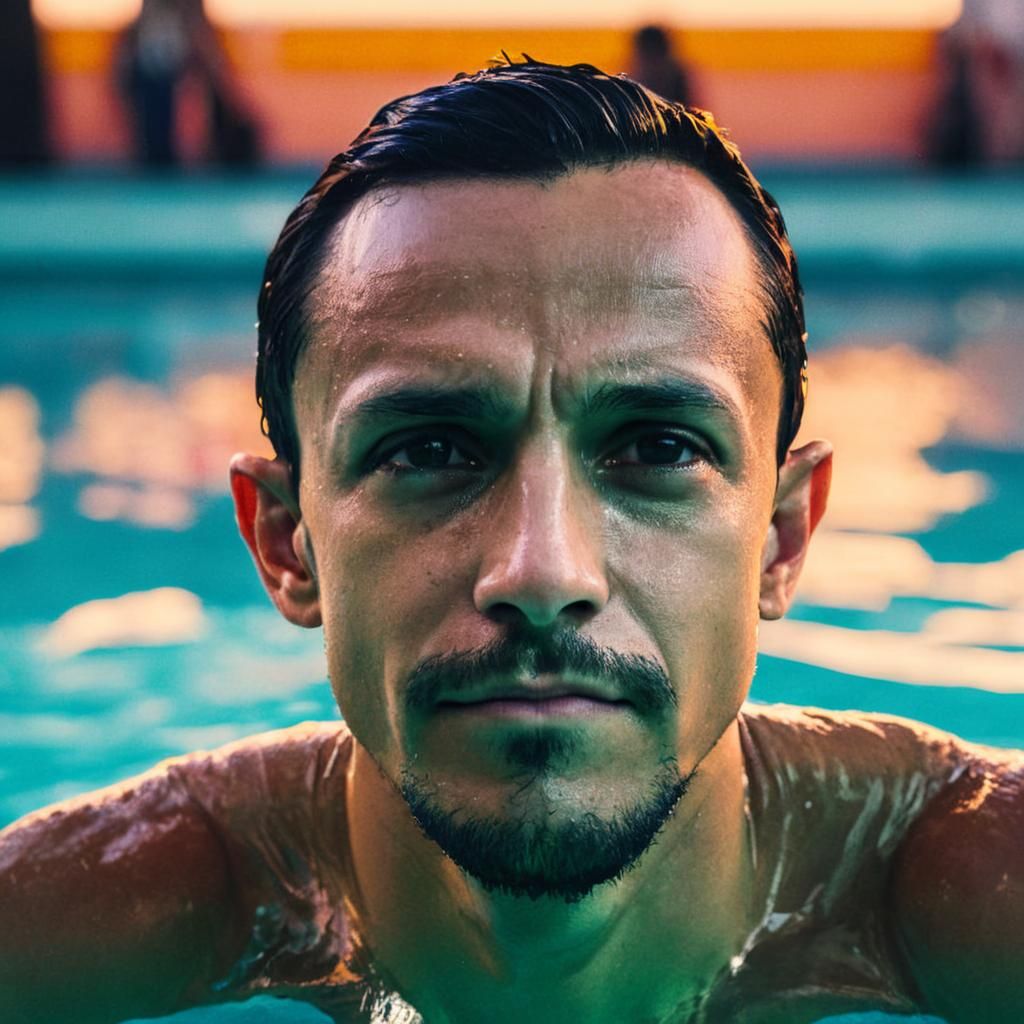 Satisfying Swim: Cinematic Film Still with Warm Glow
