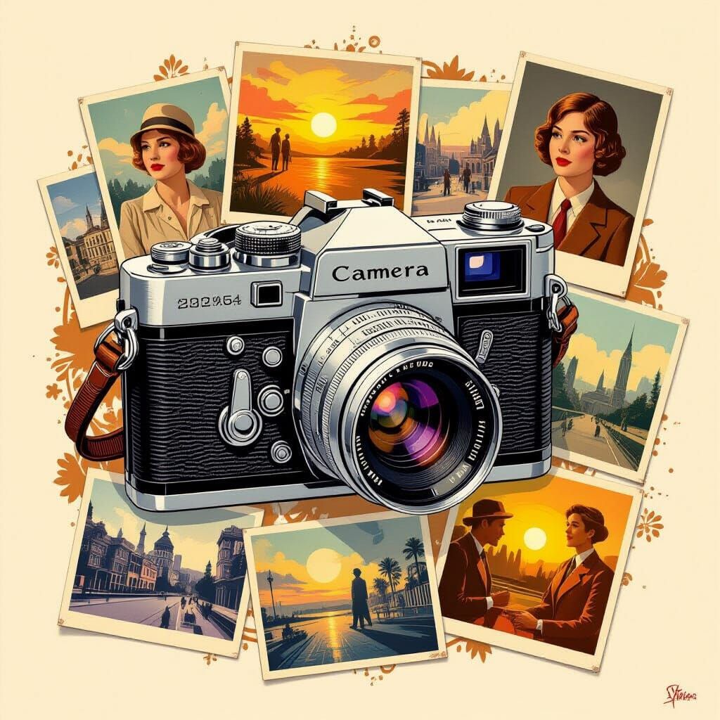 Vintage Camera Surrounded by Nostalgic Photographs
