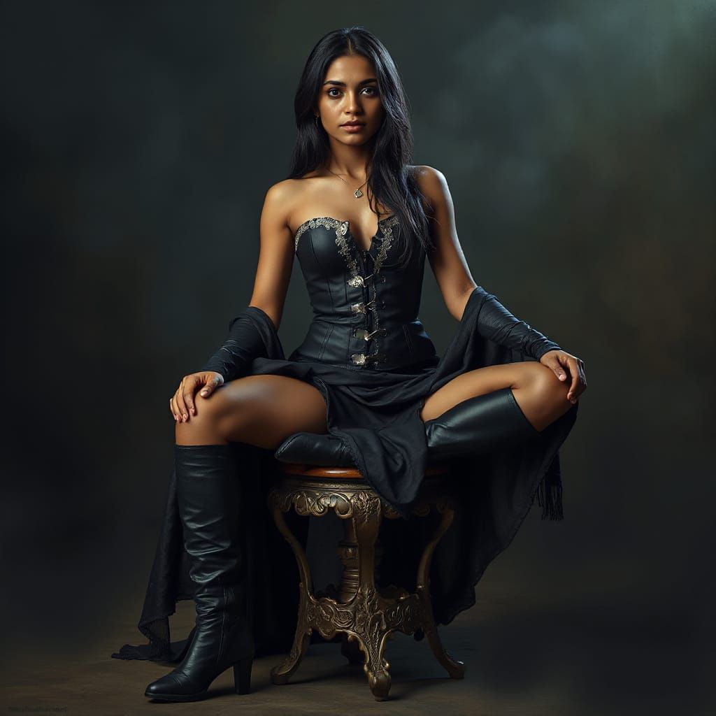 Ladakh Woman in Leather Corset in Gothic Ruins