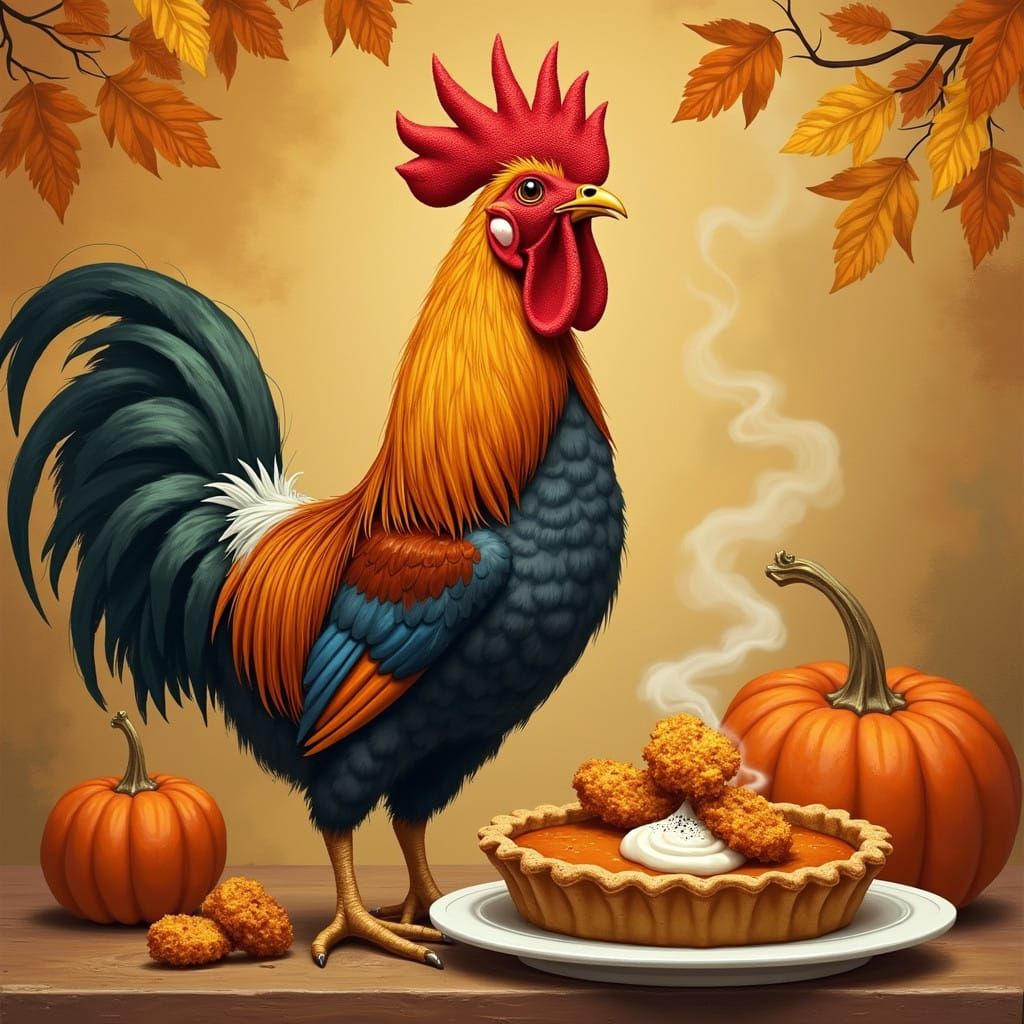 Whimsical Rooster Surrounded by Autumn Treats in Cozy Dutch....
