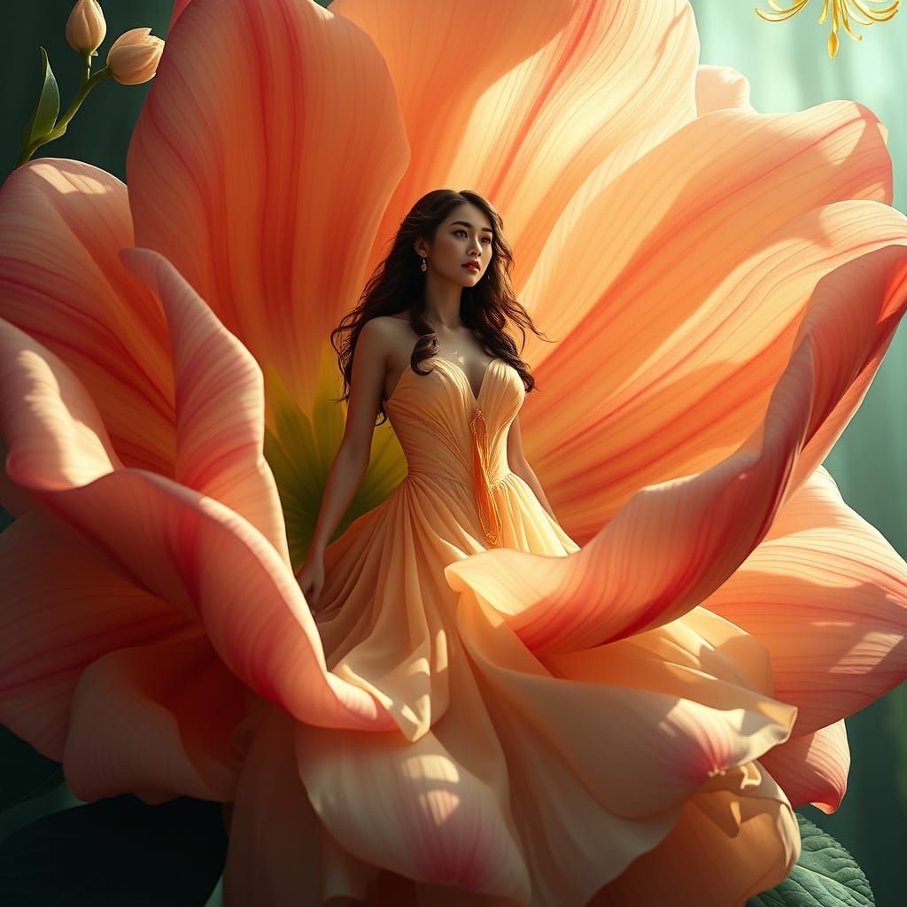 Woman in Tulip Gown Emerges from Jasmine Flower