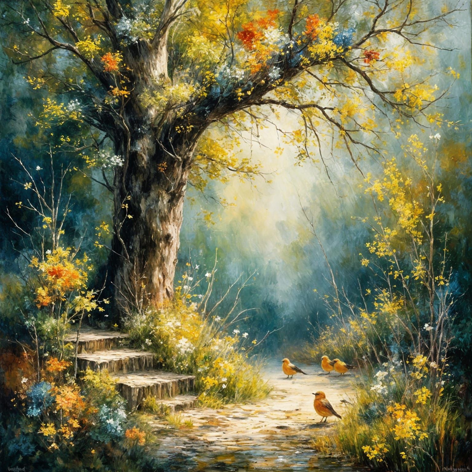 Au pied d'un arbre des oiseaux mangent des graines qui sont ...