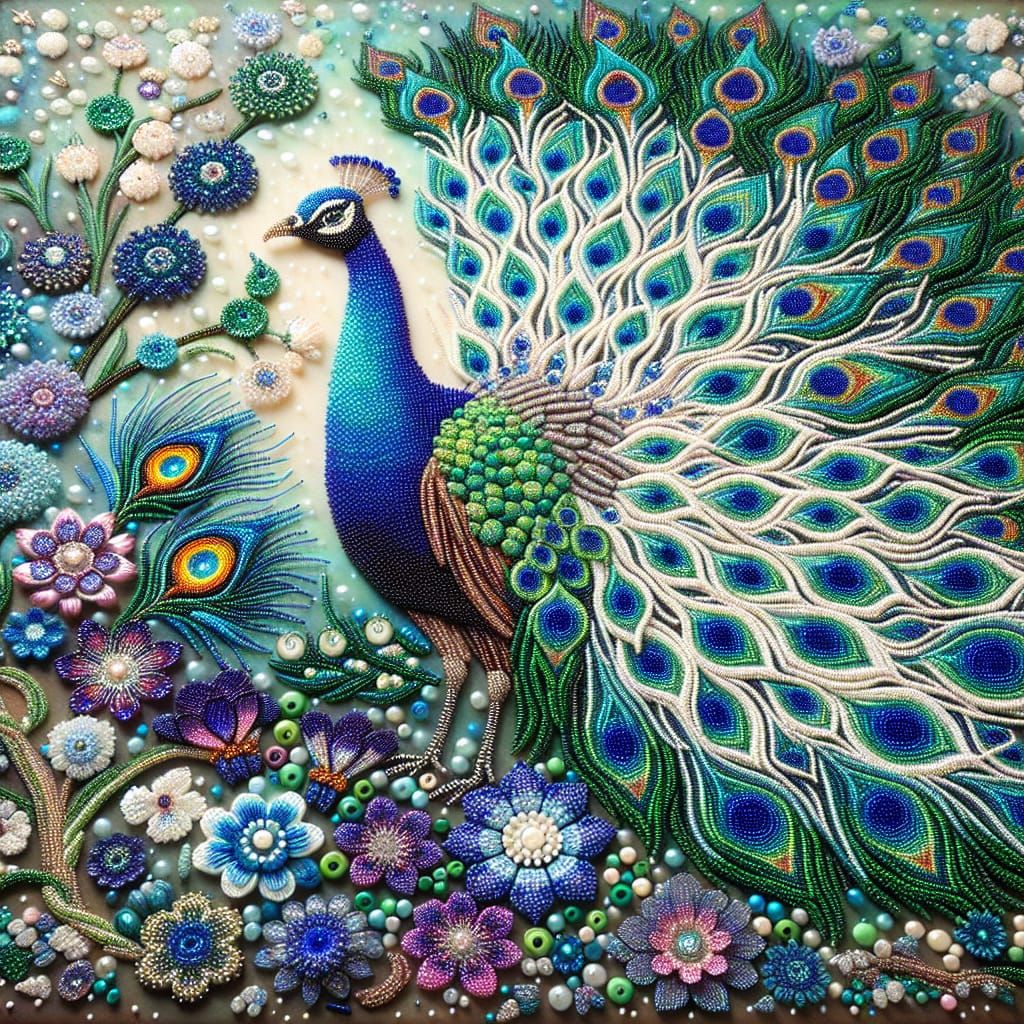 Iridescent Beaded Peacock Mosaic in Glistening Garden
