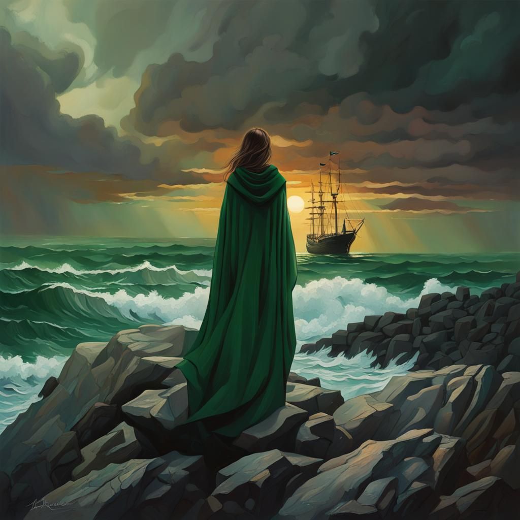Woman on Rocks Awaits Ship in Stormy Sunset