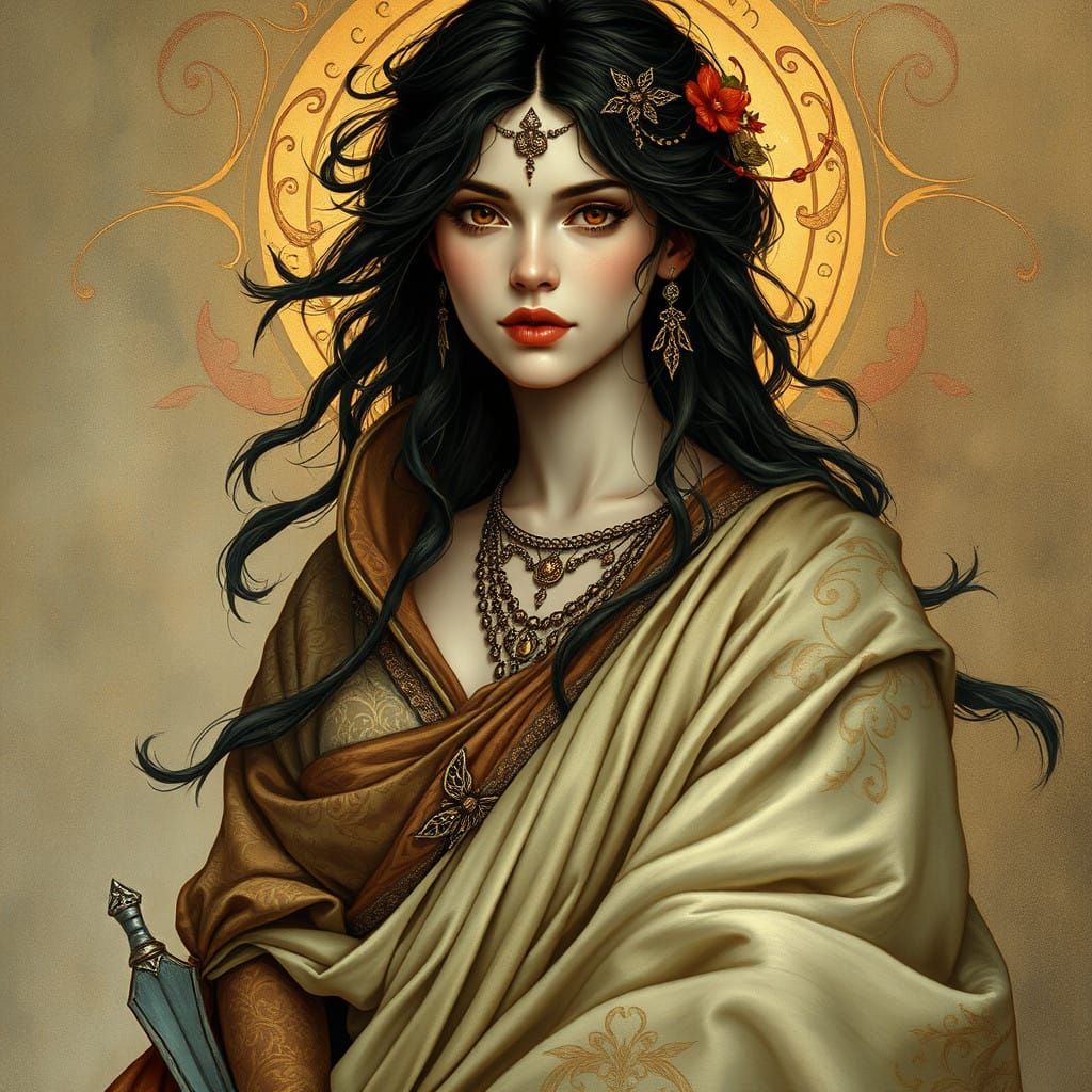 Mythical Women Warrior in Art Nouveau Elegance