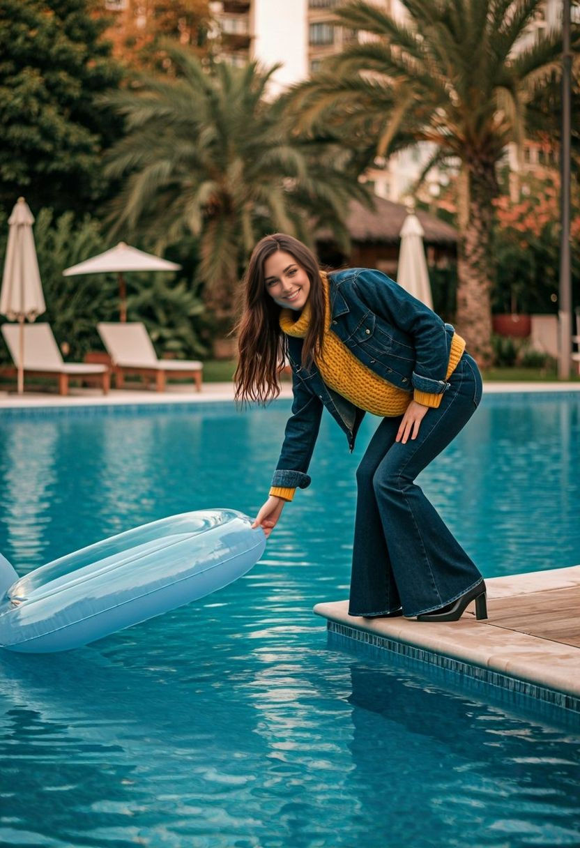 Woman Reaching for Raft in Luxurious Resort Pool