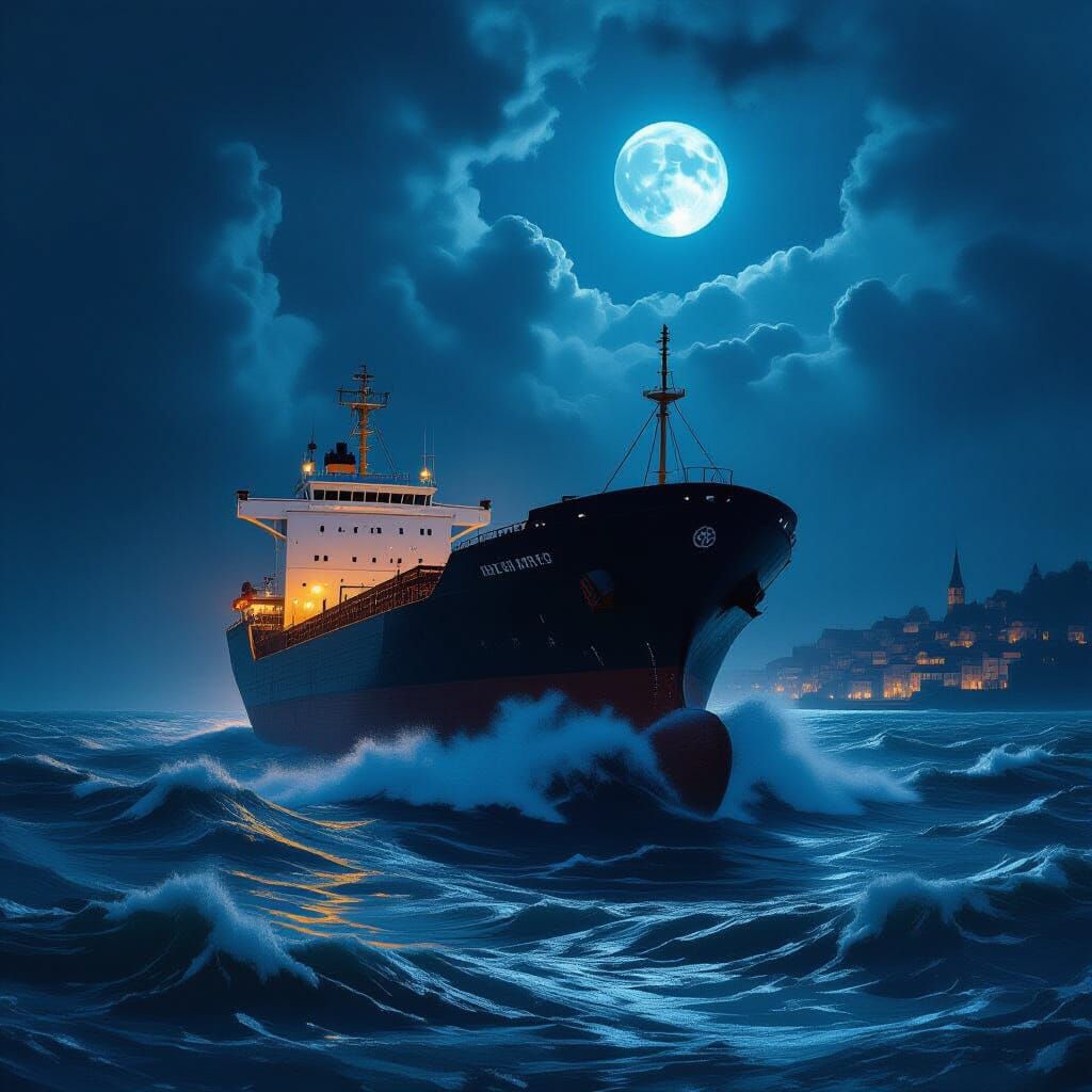 Colossal Ship Battles Stormy Seas Under Moonlight