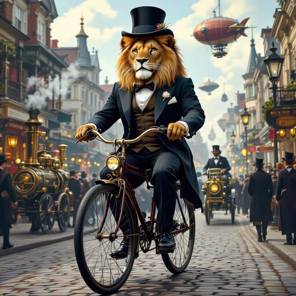 Victorian Lion Rides Penny-Farthing Bicycle