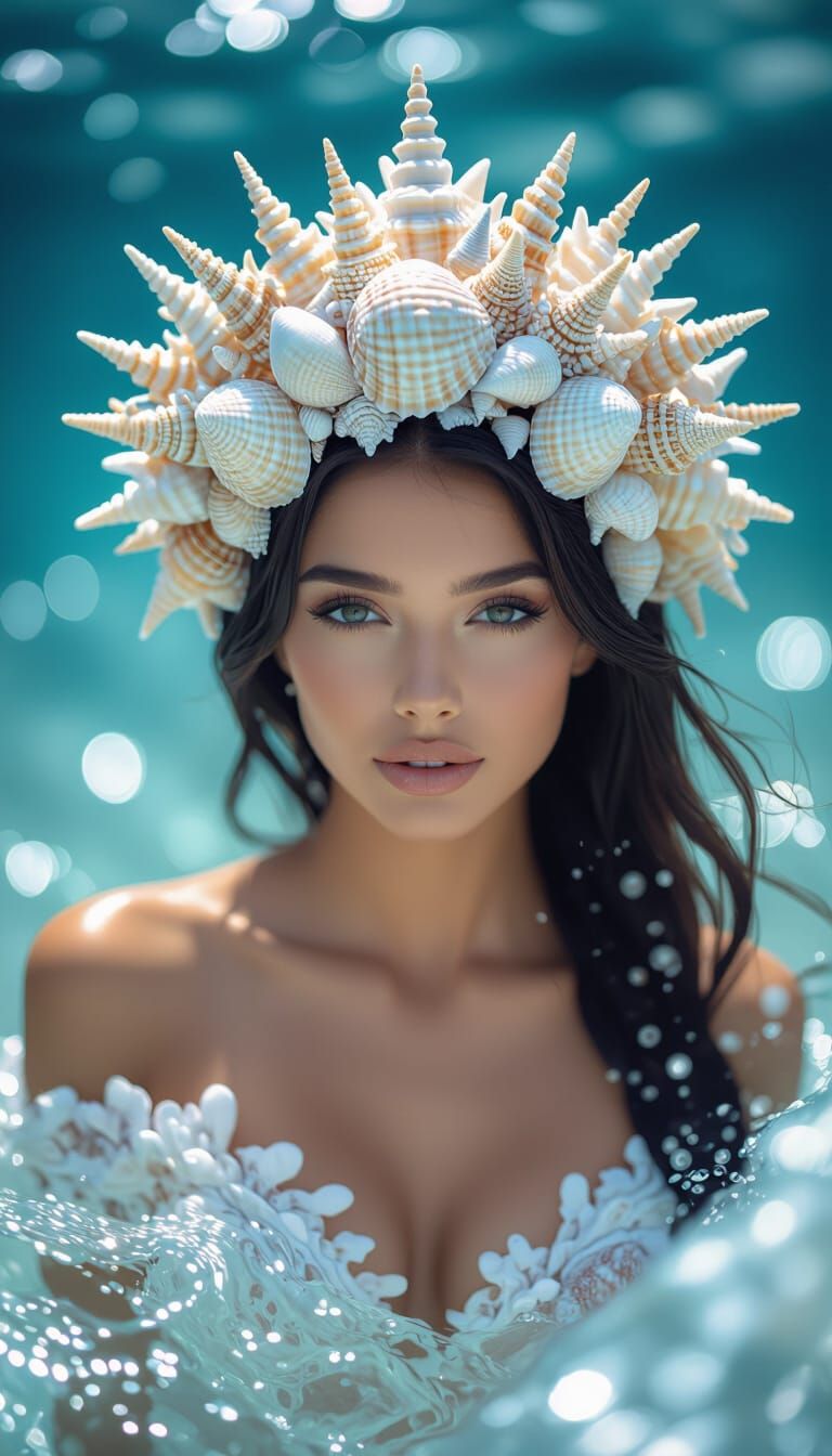 Ocean Goddess with Seashell Crown in Moody Cinematic Lightin...