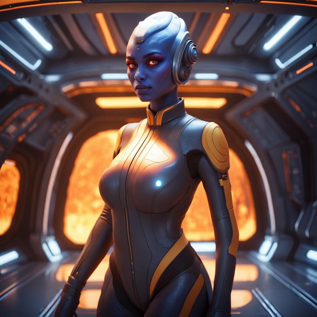 Beautiful Asari Girl in Futuristic Spaceship, Hyperreal 8K