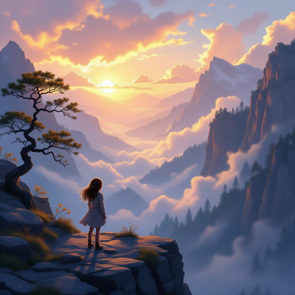 Girl on Cliff Overlooking Misty Mountains at Dawn