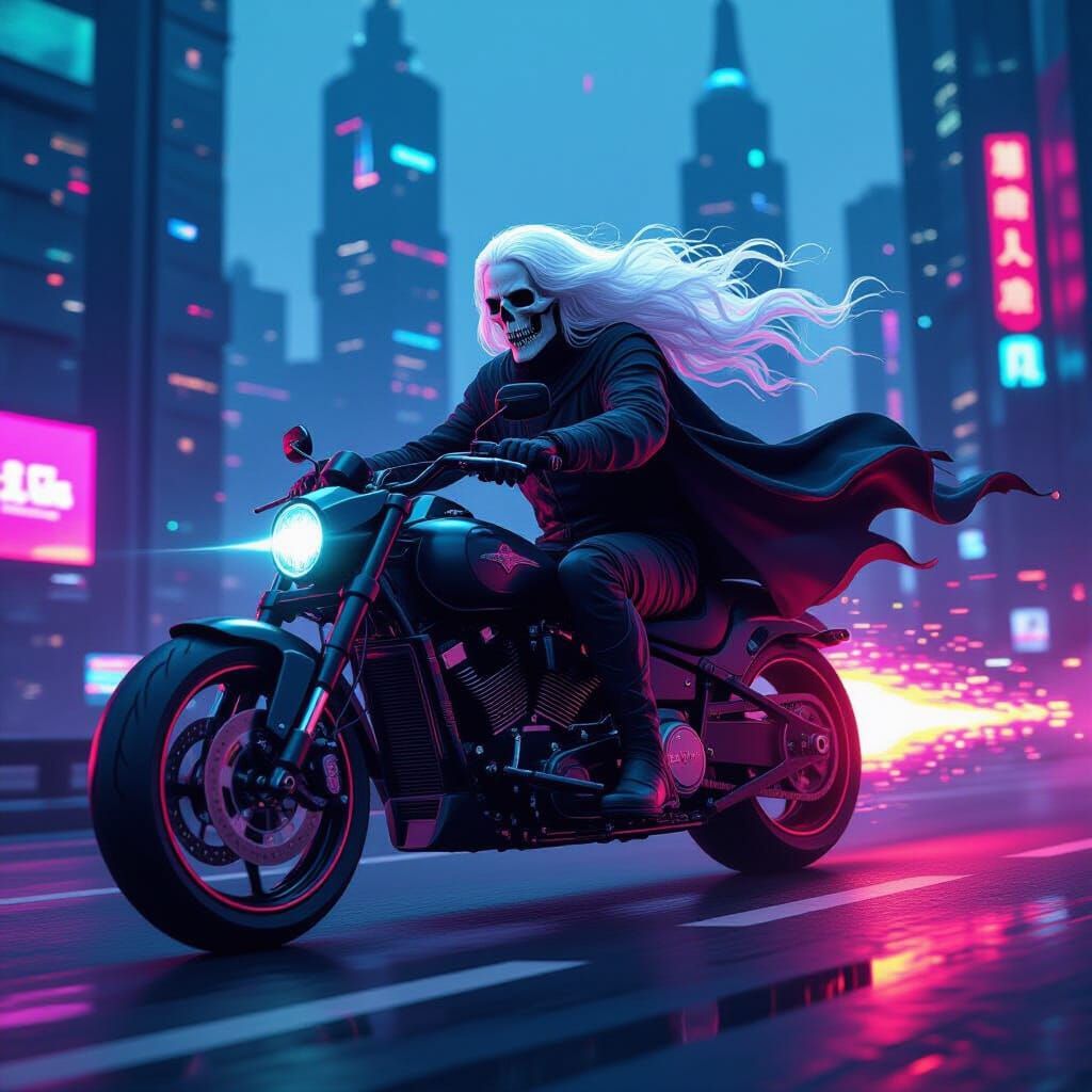 Cyberpunk Grim Reaper on Motorcycle in Neon City