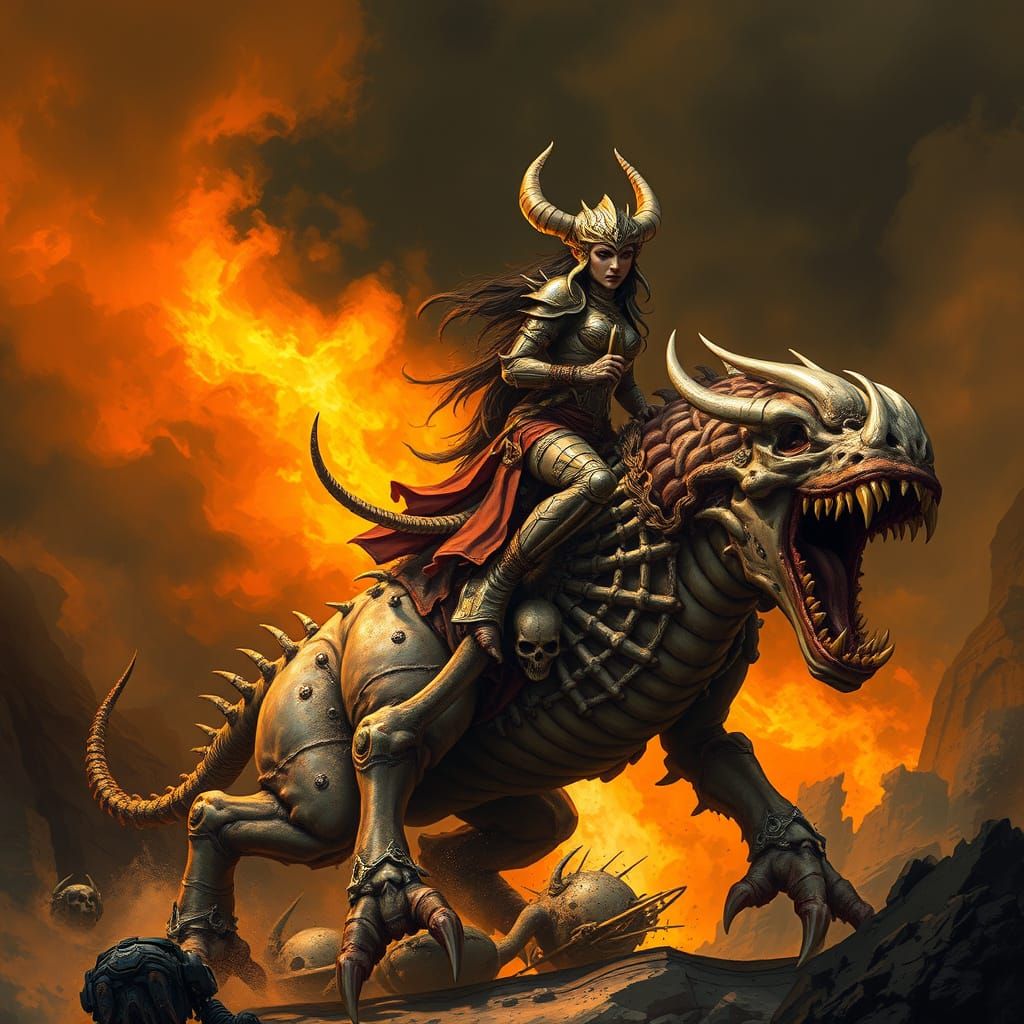 Bone Armor Warrior Rides Hybrid Beast in Ominous Hues