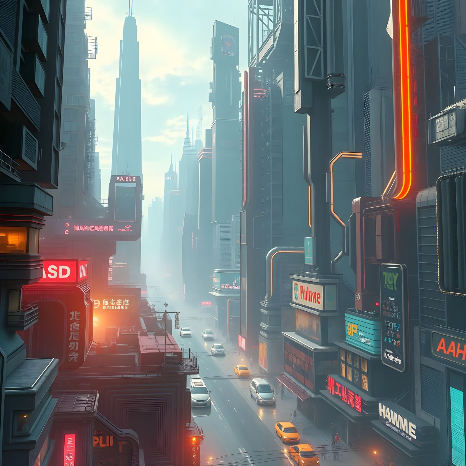 Futuristic Cityscape in Encaustic Painting Style