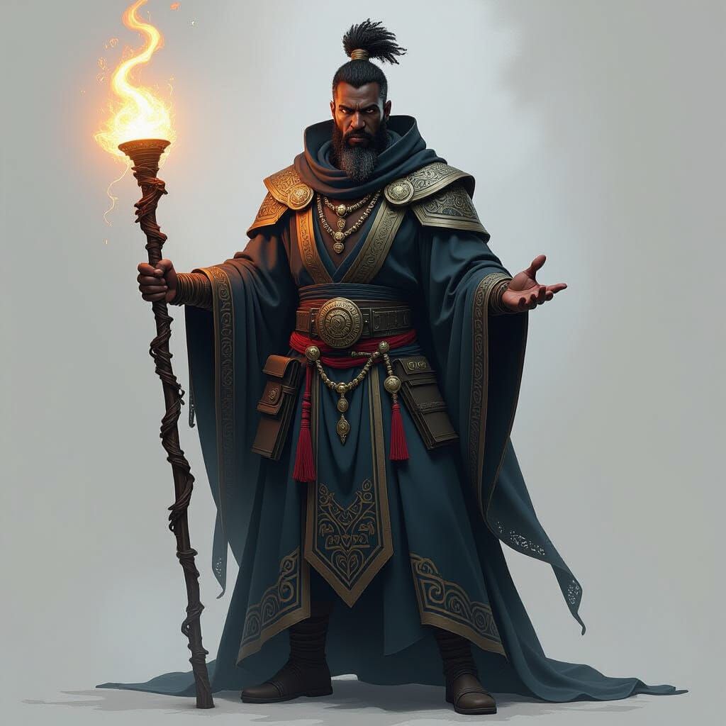 Warrior-Mage in Mystical Reverence with Glowing Staff