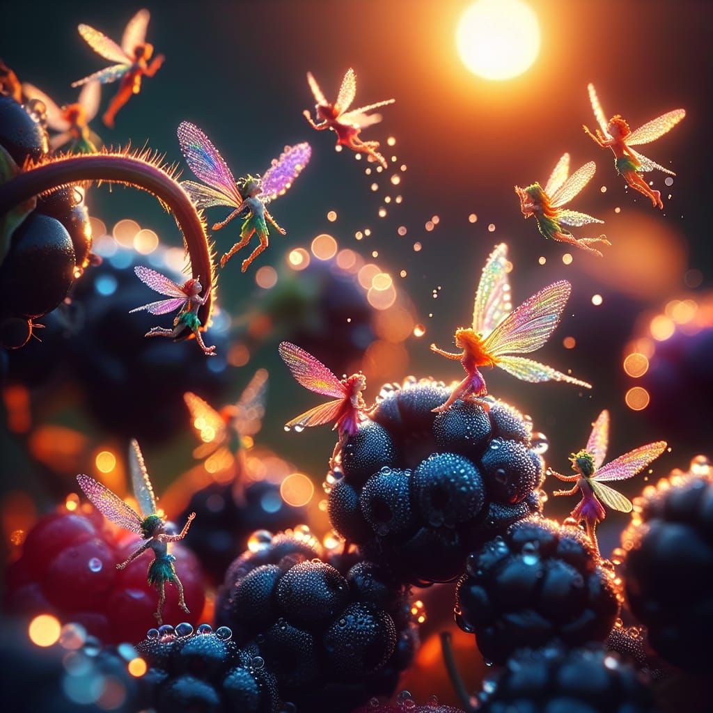 Fairies Play on Dew-Kissed Berries at Twilight