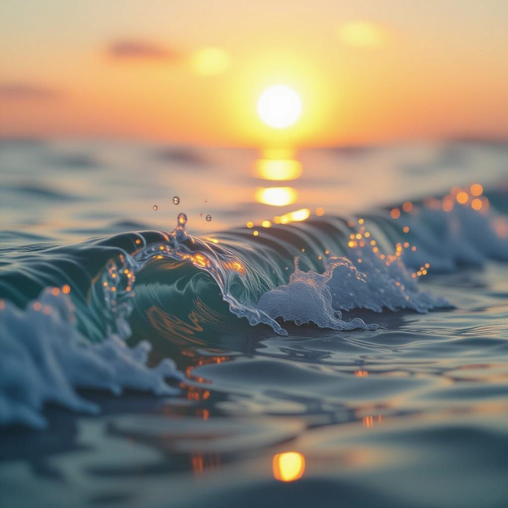 Glass Waves Seascape in Golden Hour: Whimsical Impressionism