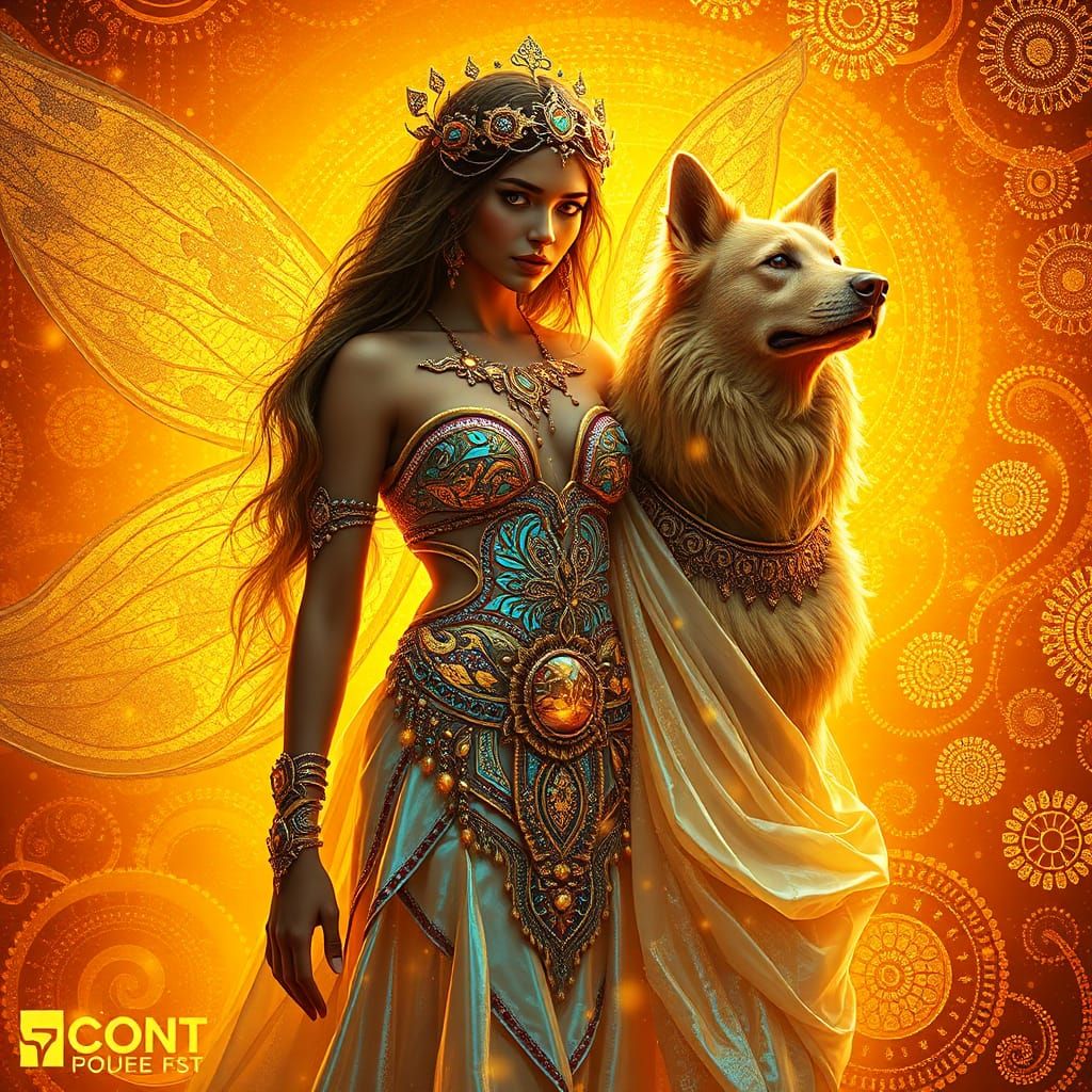 Mystical Woman and Golden Dog in Dreamtime Attire