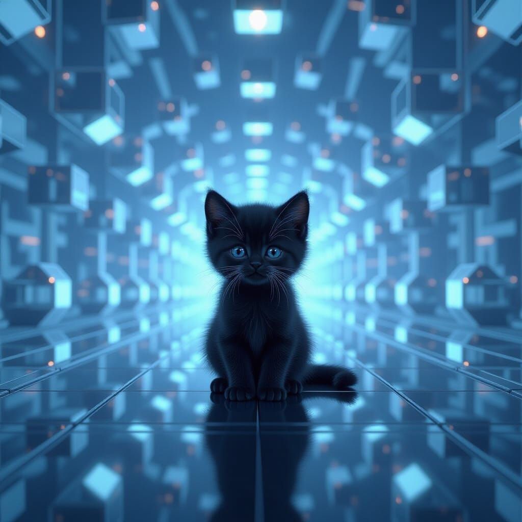 Cute Fluffy Kitten in Infinite Mirror Maze