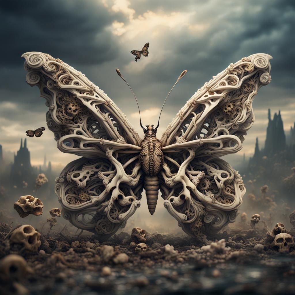 Dramatic Bone Butterfly: Epic Cinematic Digital Art