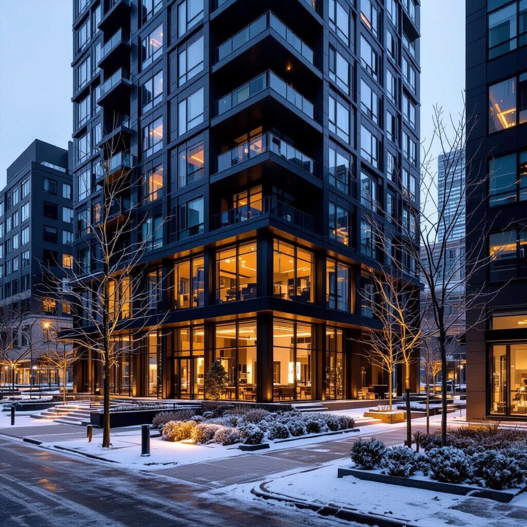 Stylish City Apartment Building with Snow and Landscaping