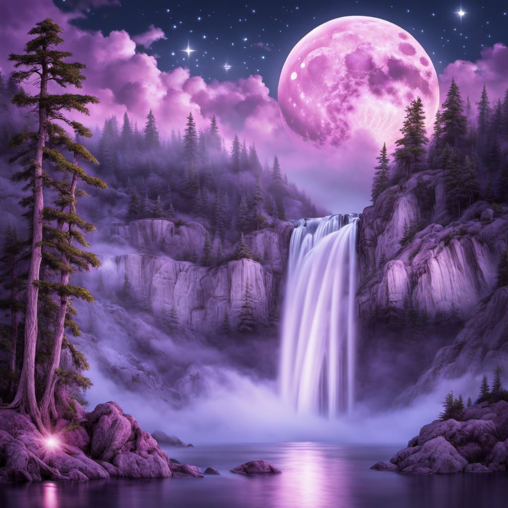 Dreamscape Waterfall Under Glowing Full Moon