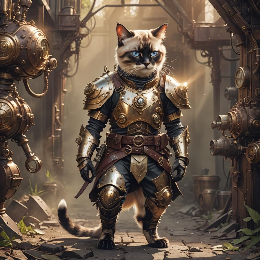 Steampunk Siamese Cat Warrior in Divine Light