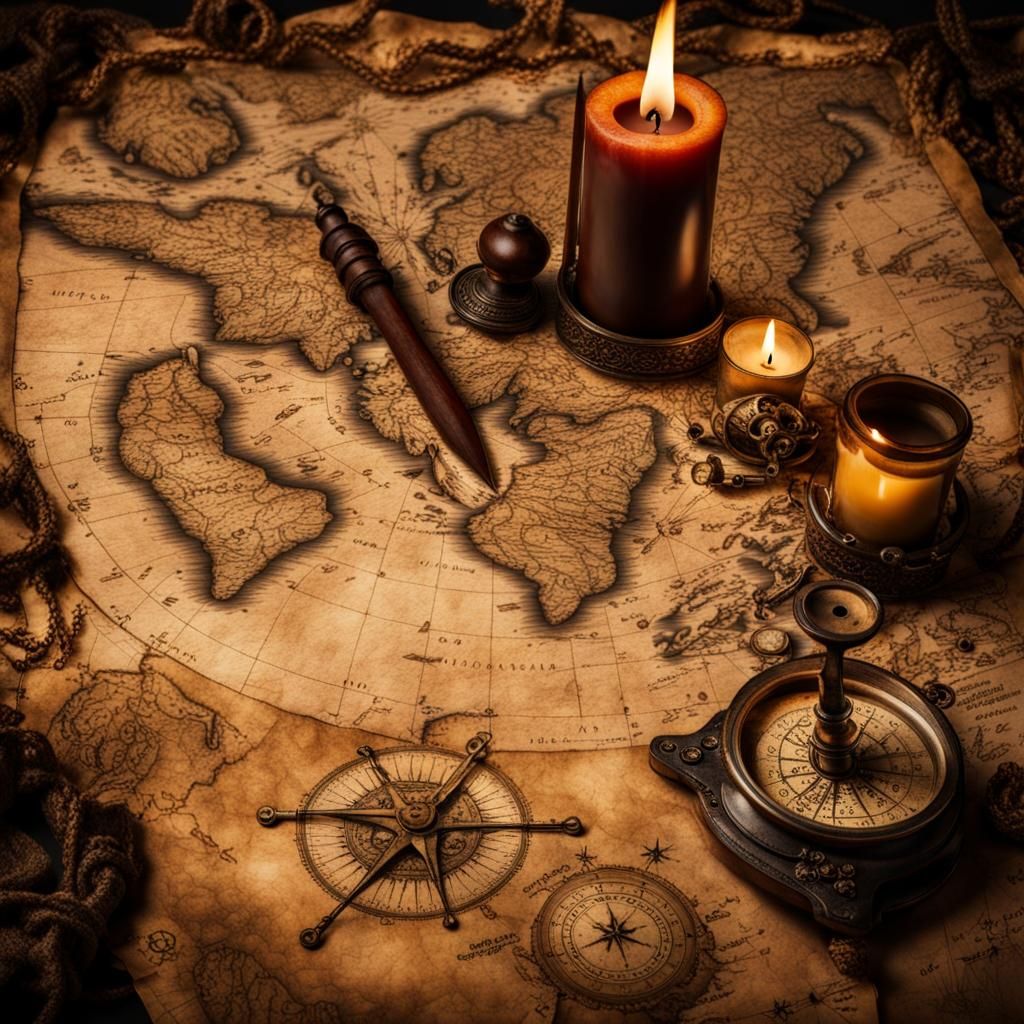 Intricate Pirate Map with Candlelight and Dagger