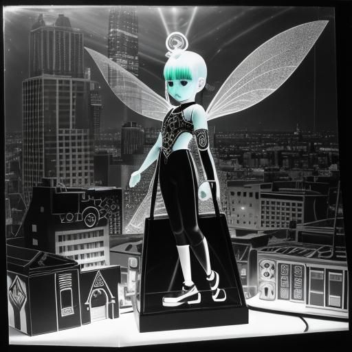 Surreal Rayograph with Rainbow Fairy and Neon Cityscape