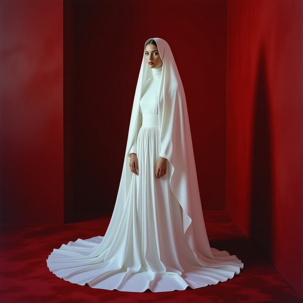 Woman in White Veil in Dark Red Room