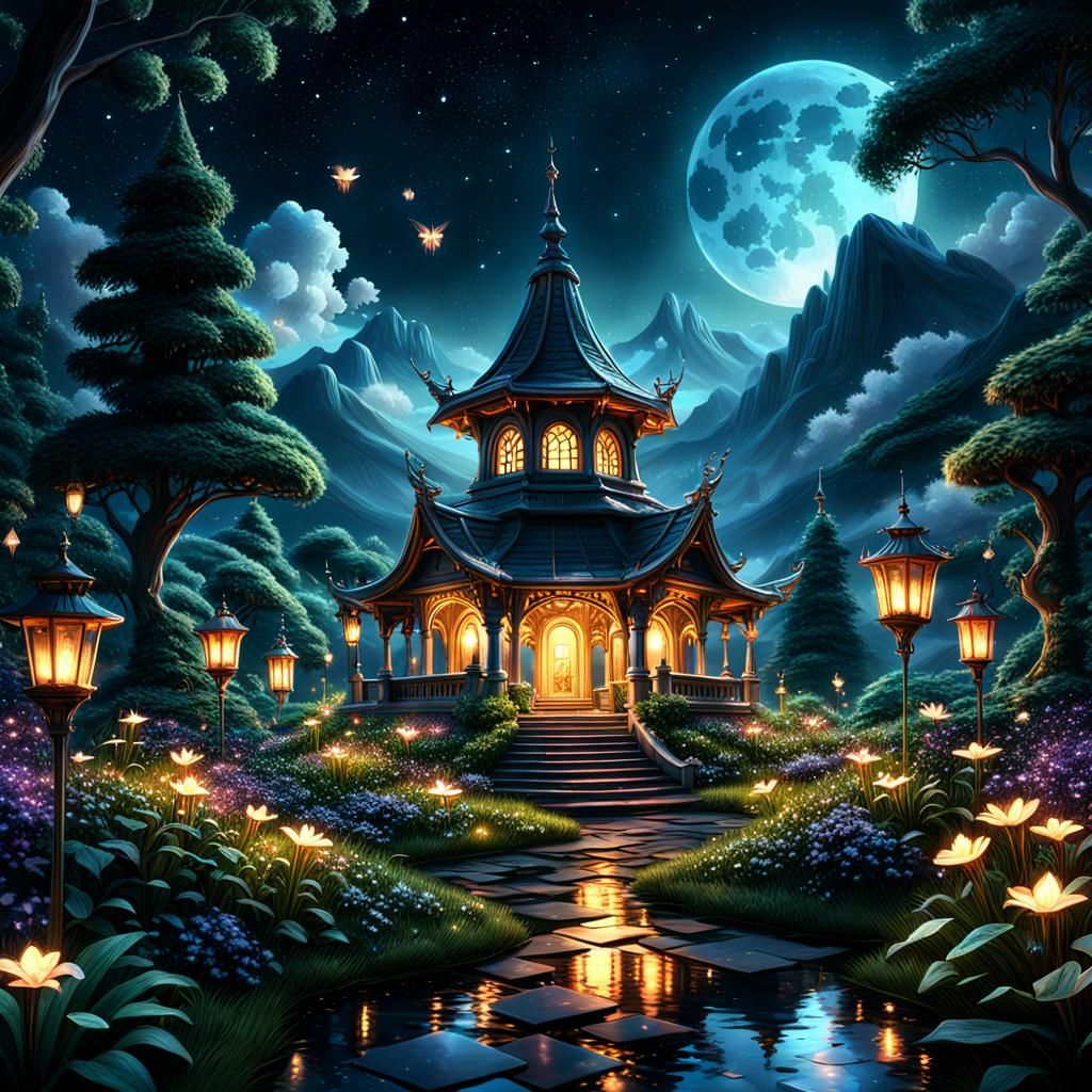Enchanted Cottagecore Garden at Night in Dark Fantasy Style