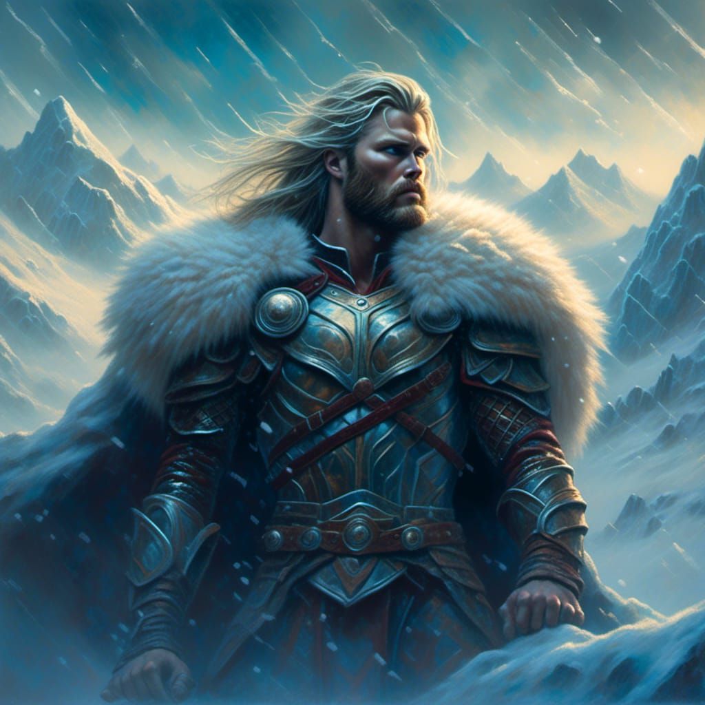 Thor in Fur Armor in Snowstorm