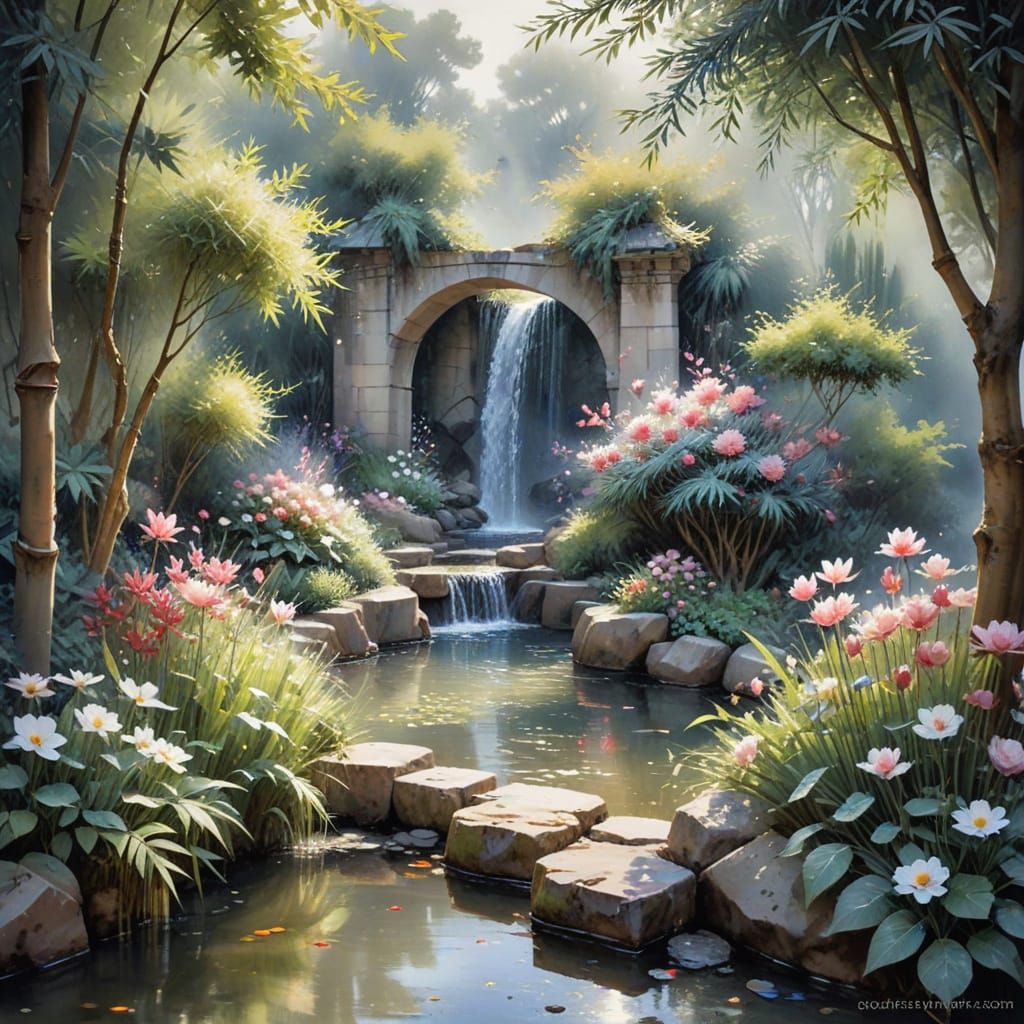 Whimsical Bamboo Fountain in Japanese Water Garden