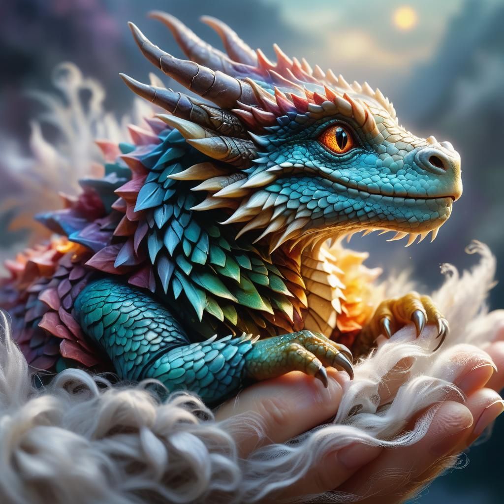 Miniature Dragon on Thumb, Hyper-Realistic Illustration