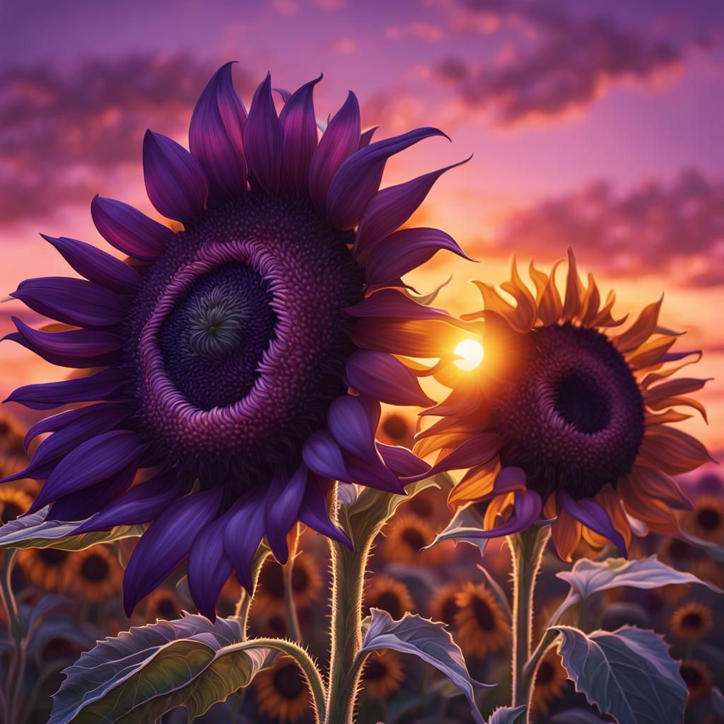 Hyperrealistic Royal Purple Sunflowers at Sunset