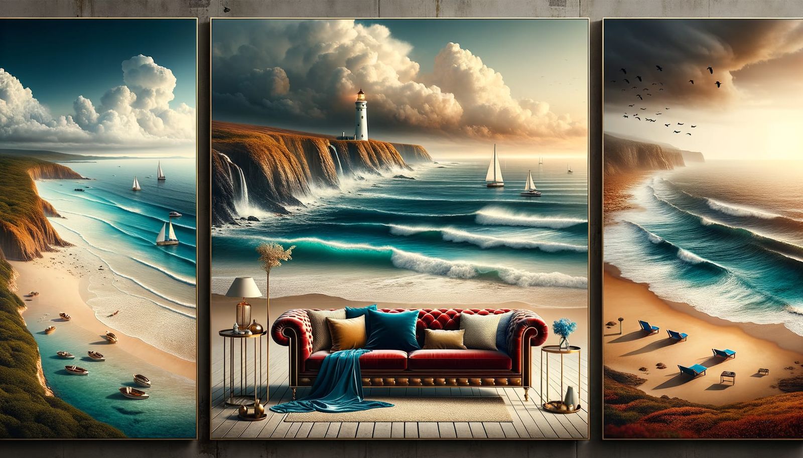 Coastal Triptych: Luxurious Sofas on the Beach